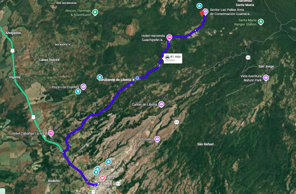 Overview of how to get to Oropendola Waterfall from Liberia.